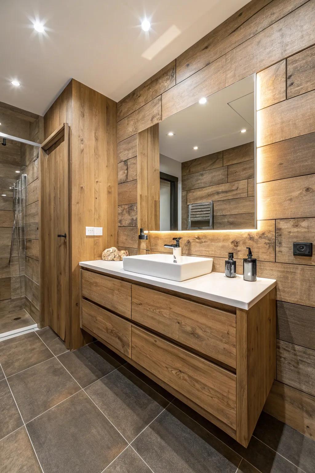 A modern bathroom featuring warm wood accents with a wood-clad vanity.