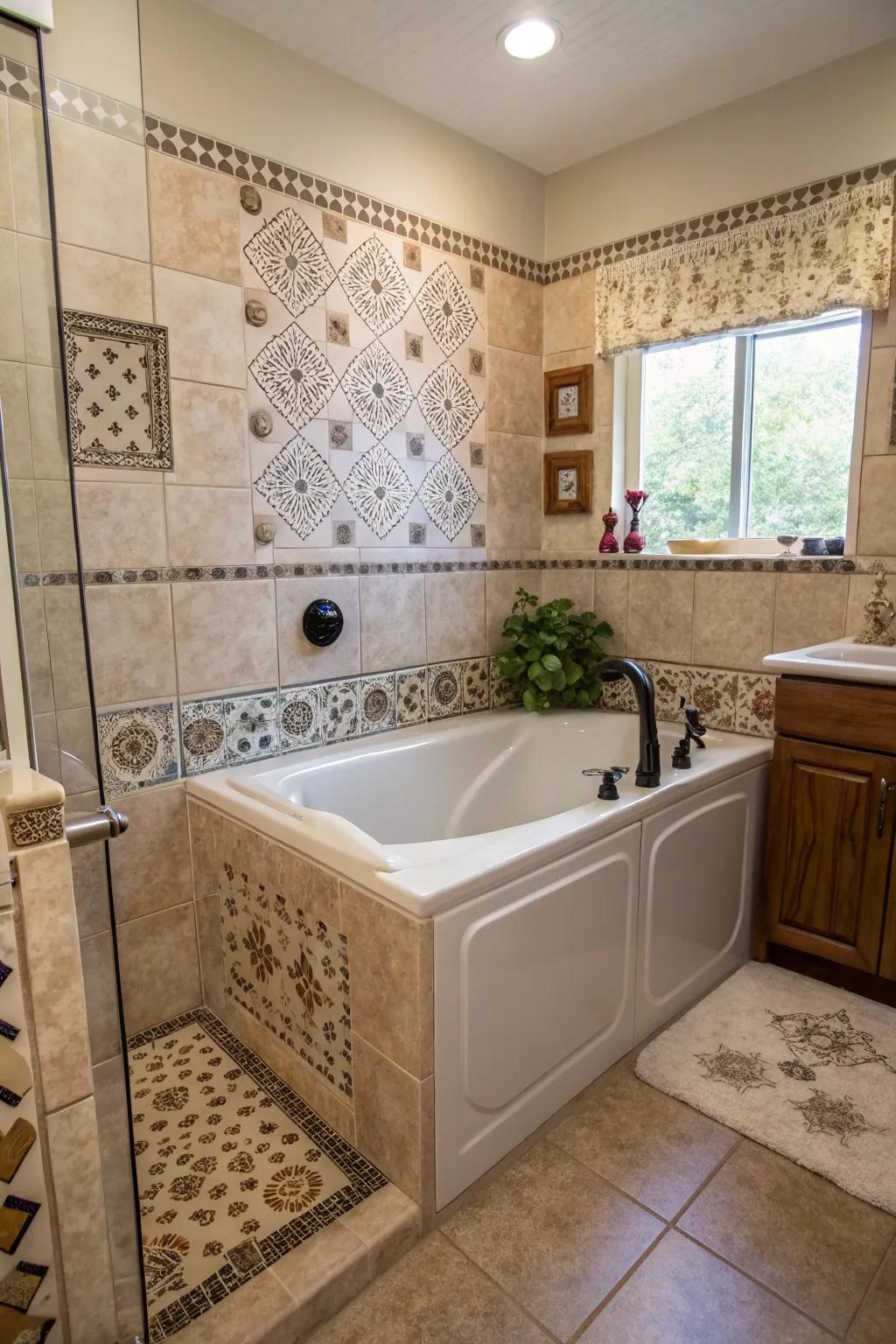 Mixing patterns in bath walls creates a unique and personal design statement.