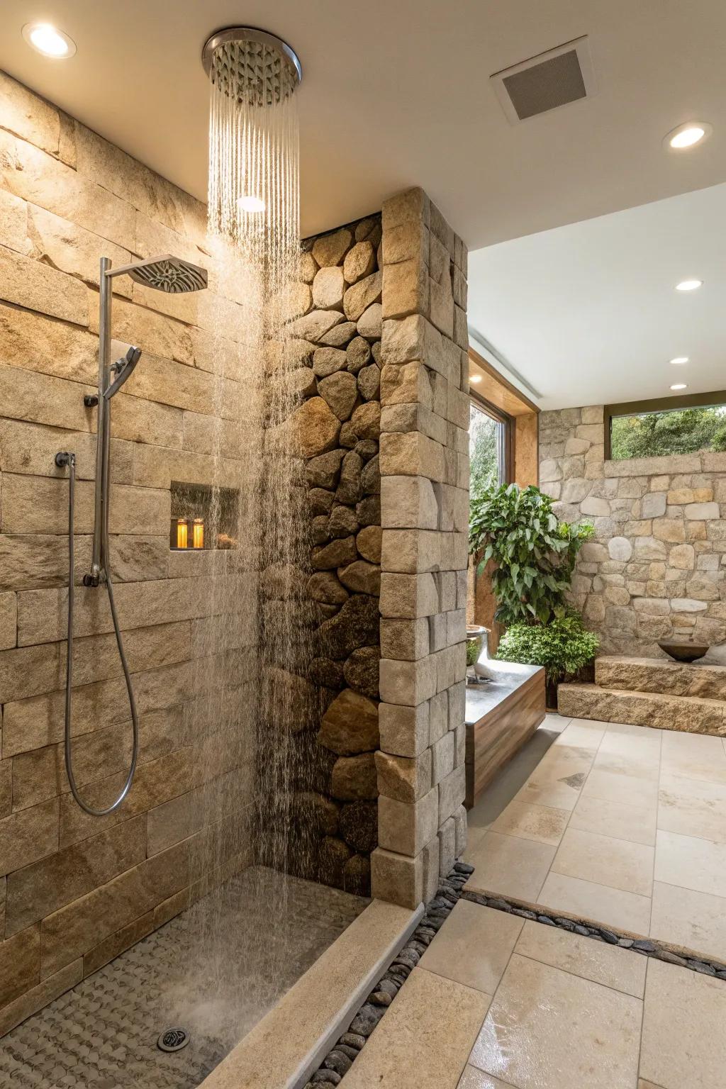 Natural stone tiles bring a spa-like feel to your shower.