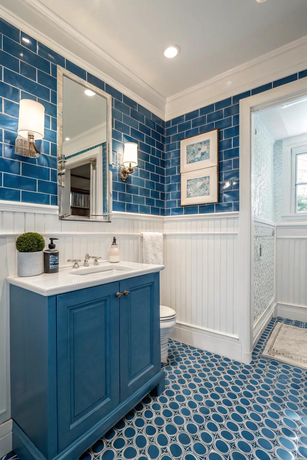 Bold color blocks make a dramatic statement in bathroom design.