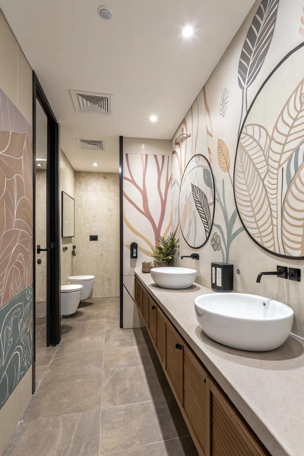 Abstract art decals bring a modern flair to your bathroom walls.