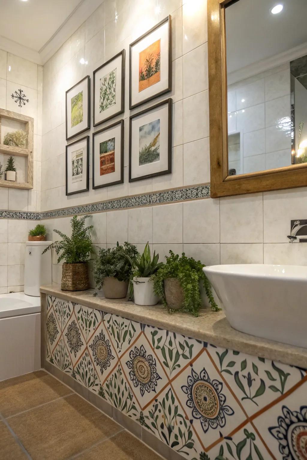 A decorative tile ledge adding charm and utility to a bathroom.