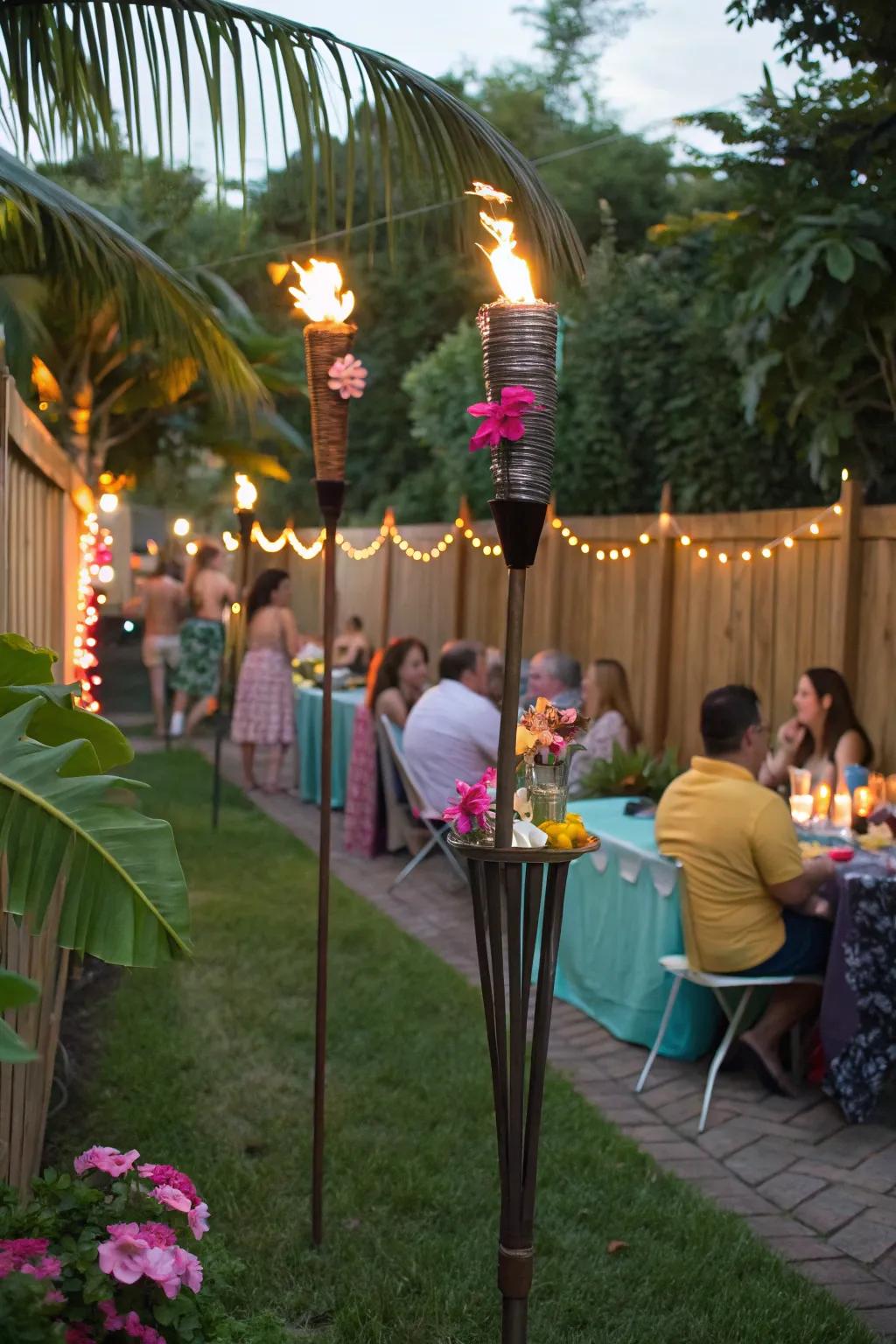 A tropical escape with tiki torches and Hawaiian vibes.