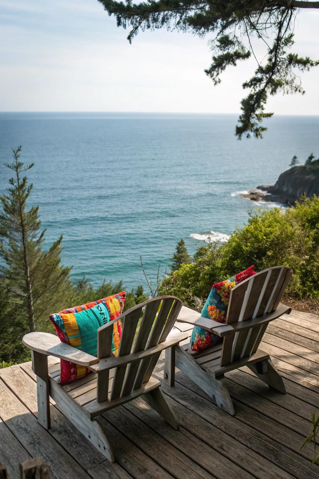 Adirondack chairs offer a classic look for coastal relaxation.