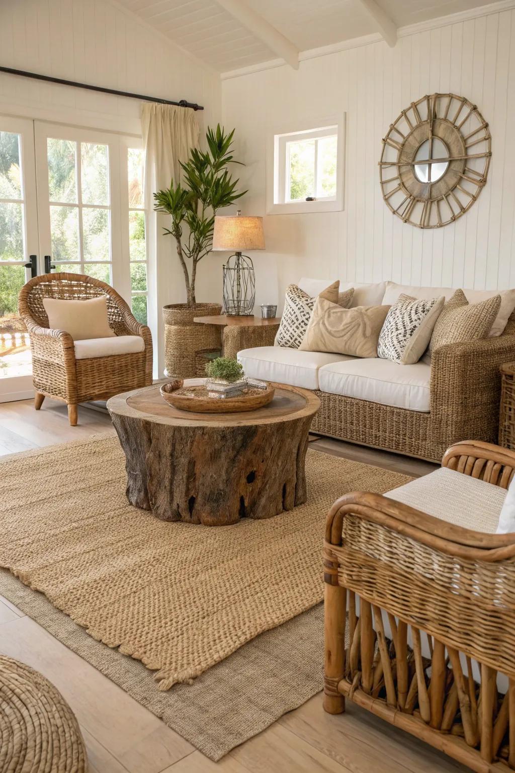 Natural textures enhance the cozy feel of this beach house living room.