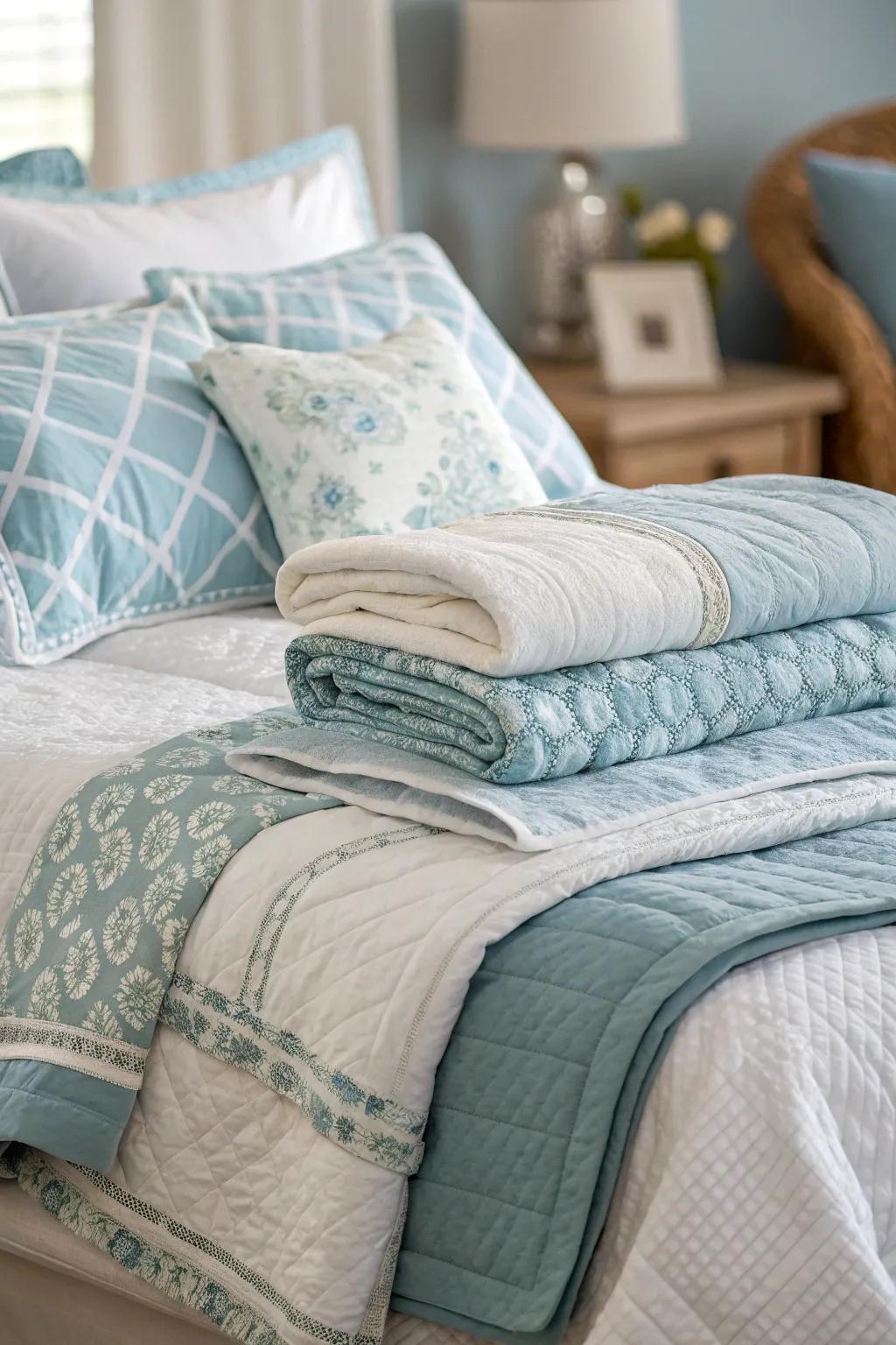 Layered bedding creates a cozy and inviting beach retreat.