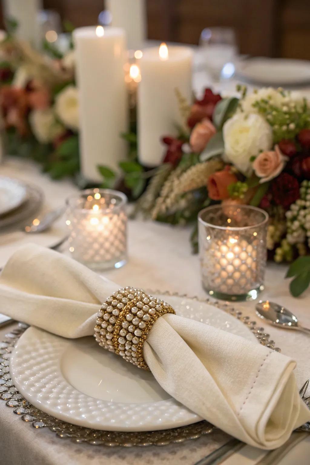 Elegant beaded napkin rings enhancing a dinner setting.