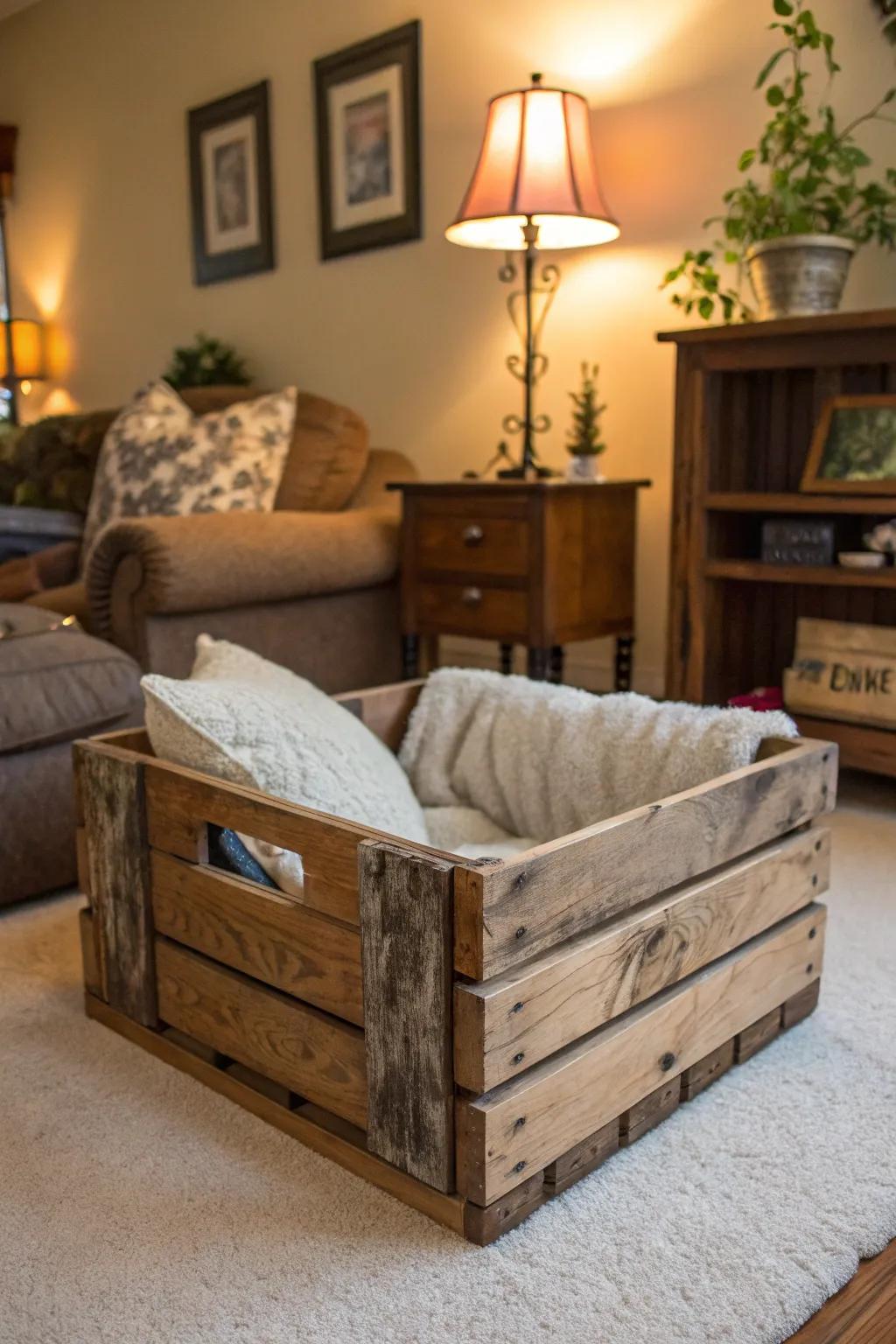 A rustic wooden crate bed offers both style and comfort.