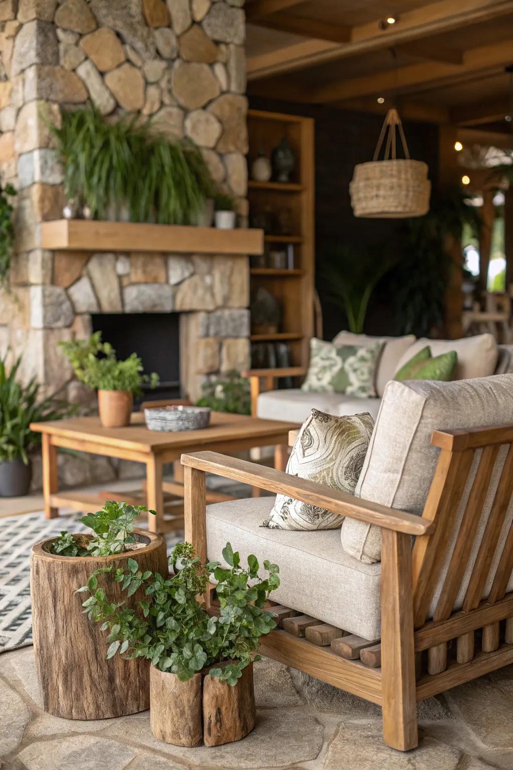 Natural elements create a serene and inviting living room.