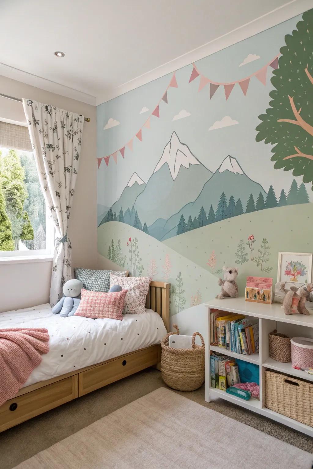 A toddler's bedroom with a charming mountain landscape mural, creating a whimsical atmosphere.