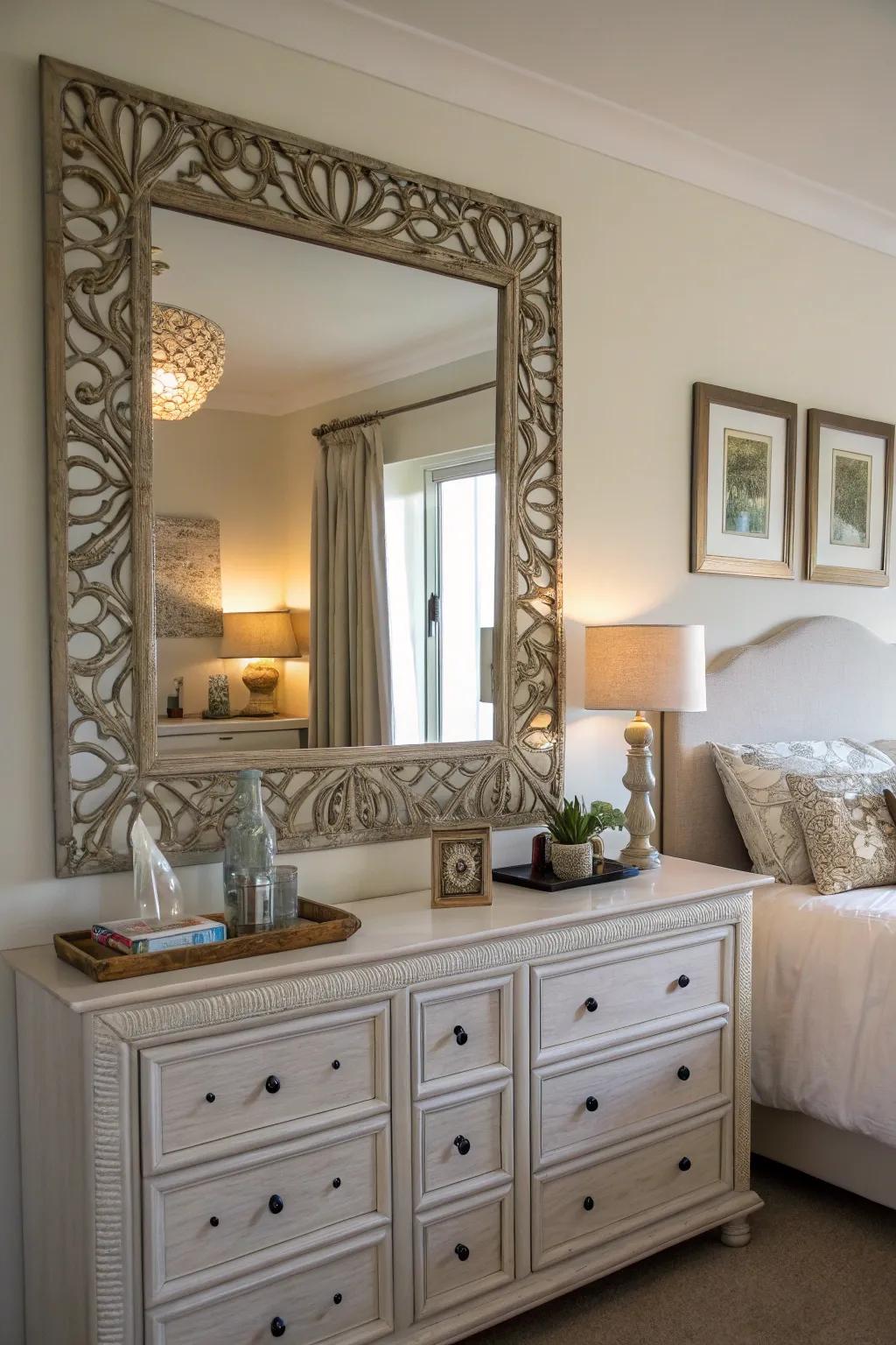 Mirrored art not only decorates but also brightens your bedroom.