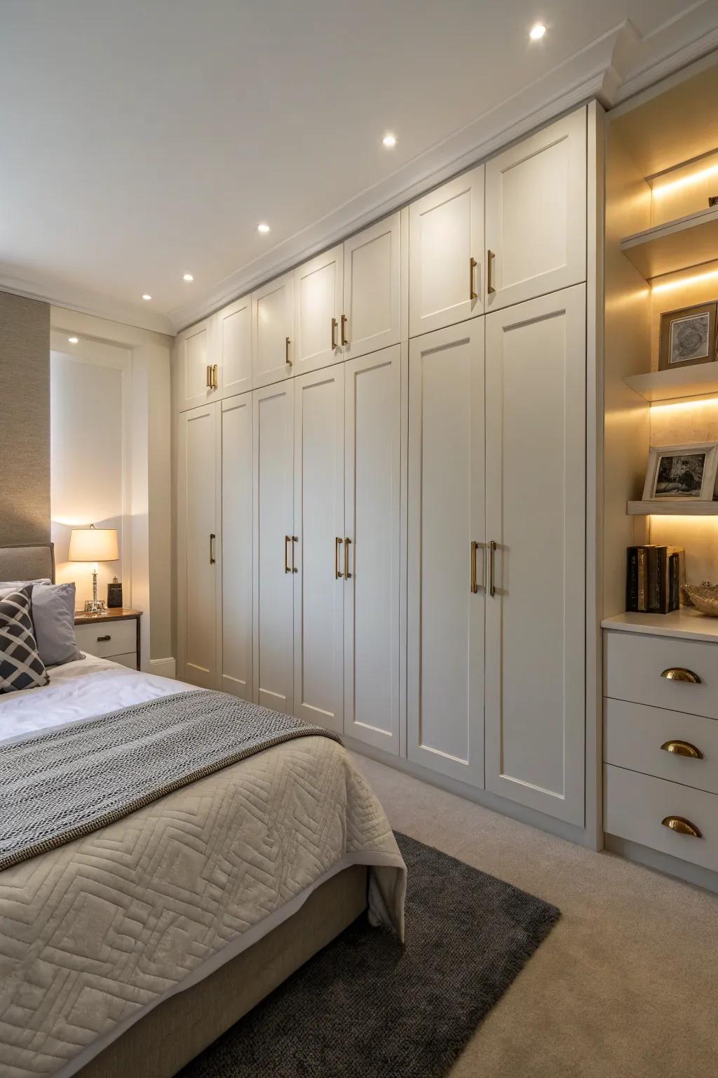 Built-in cabinets offer discreet storage and a clutter-free bedroom environment.