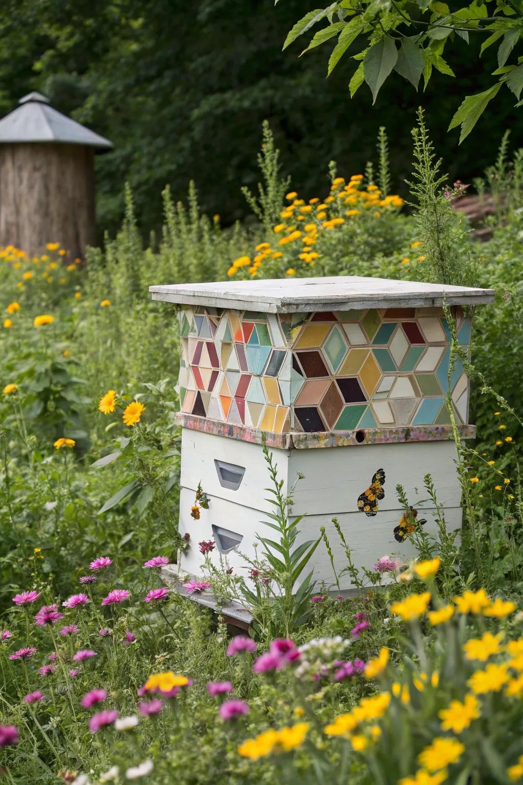 A bee hive adorned with modern geometric patterns, adding a chic touch to the garden.