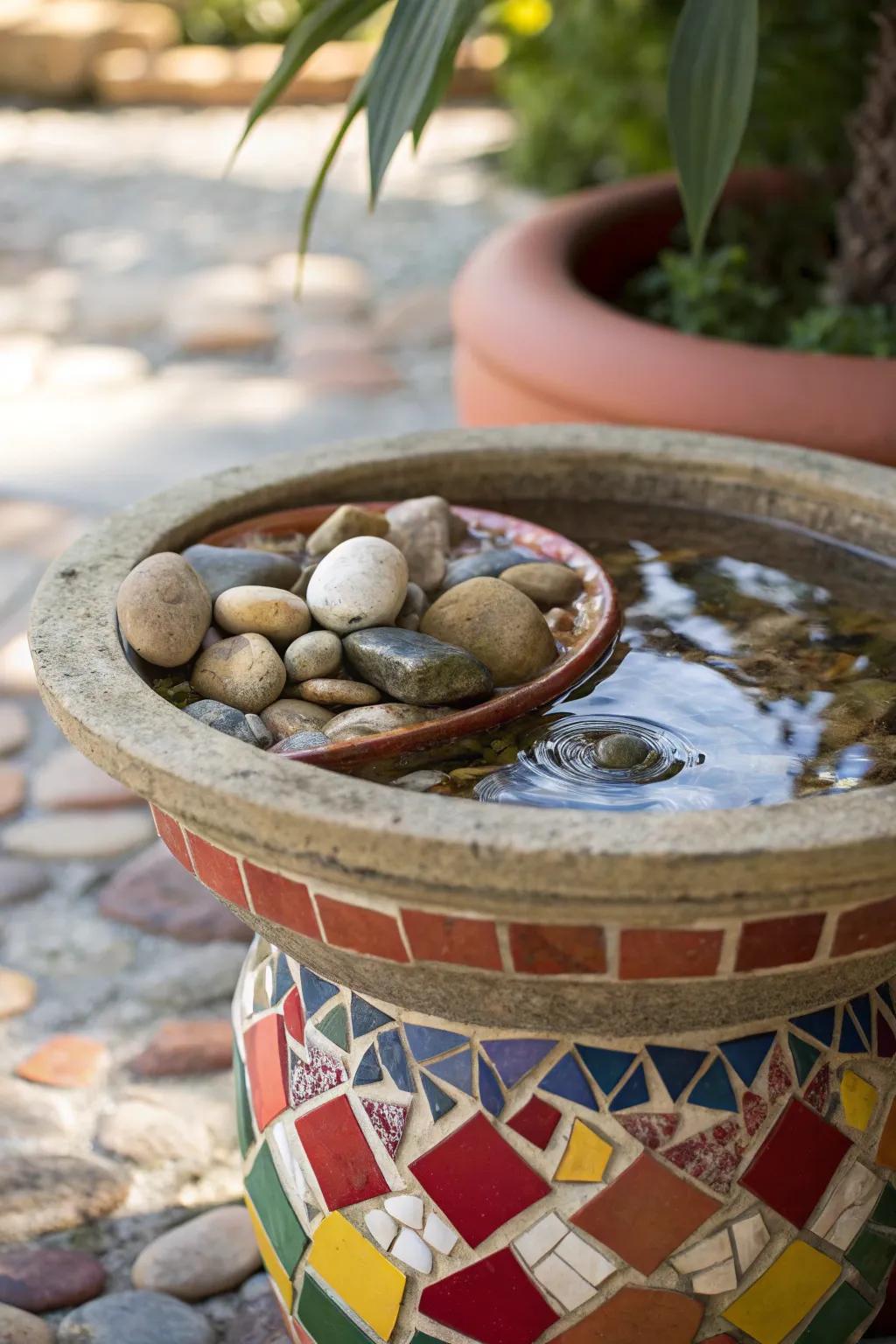 A creatively designed mosaic pot with a bee watering station on top.