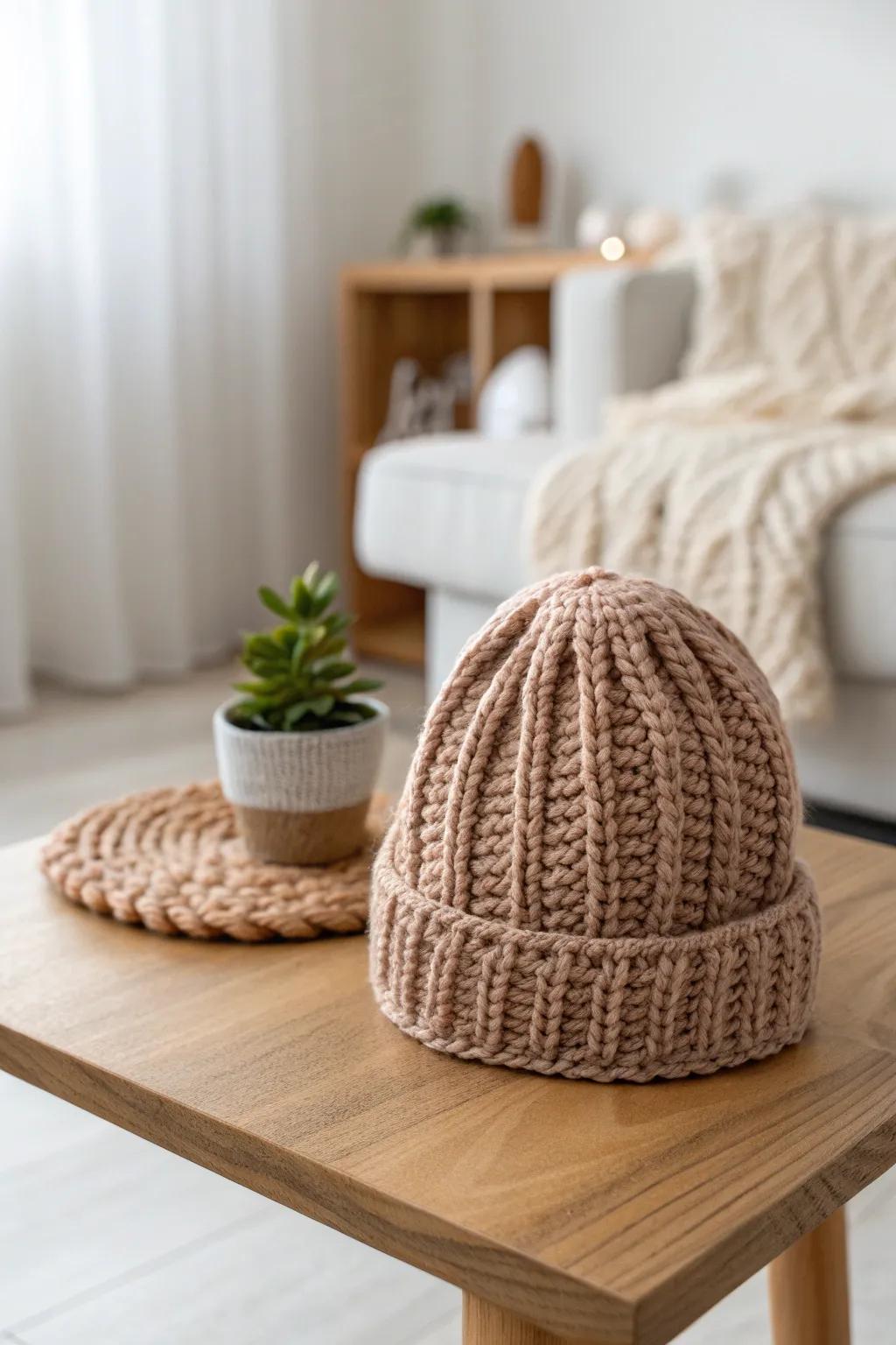 Craft your cozy winter companion with this simple, stylish beanie – perfect for beginners embracing minimalist elegance.