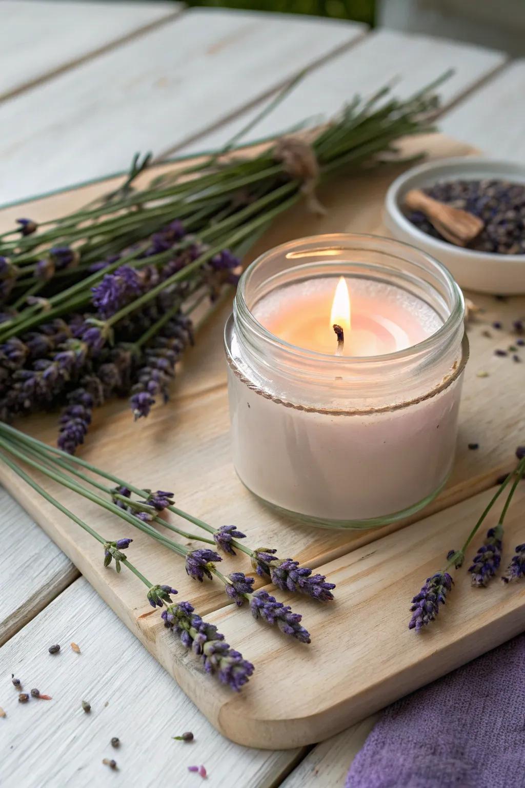 A soothing lavender candle crafted with love for a calming atmosphere.