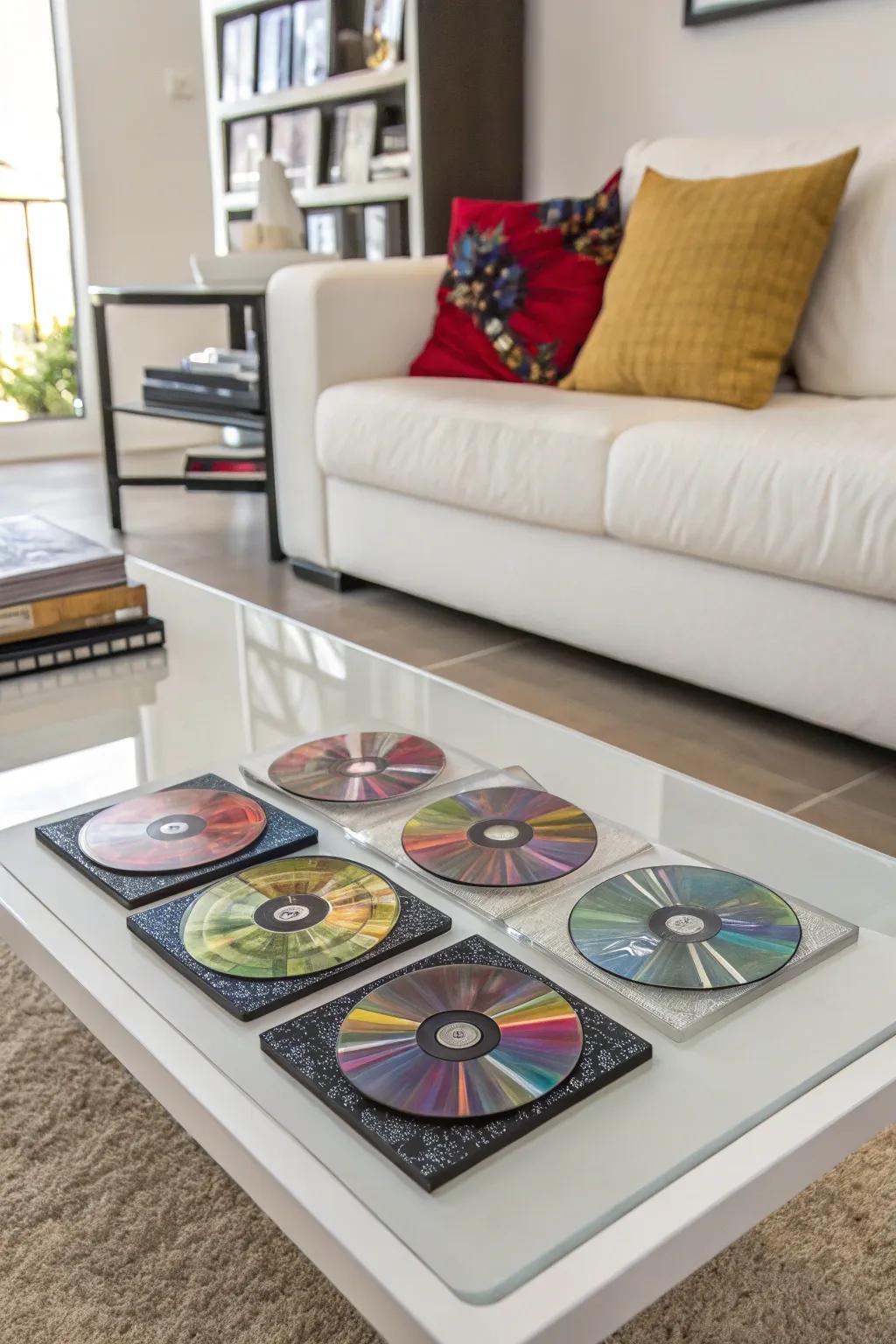 Upcycled CD coasters adding charm to your coffee table.