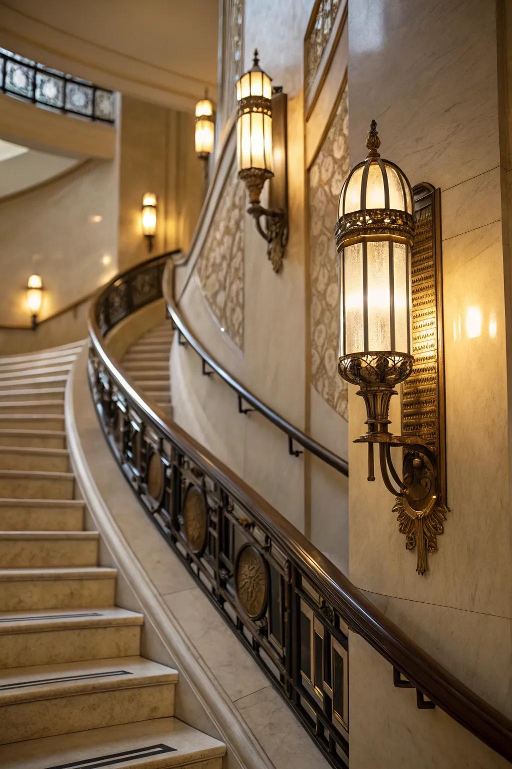 Art Deco sconces bring glamour and a focal point to the staircase.