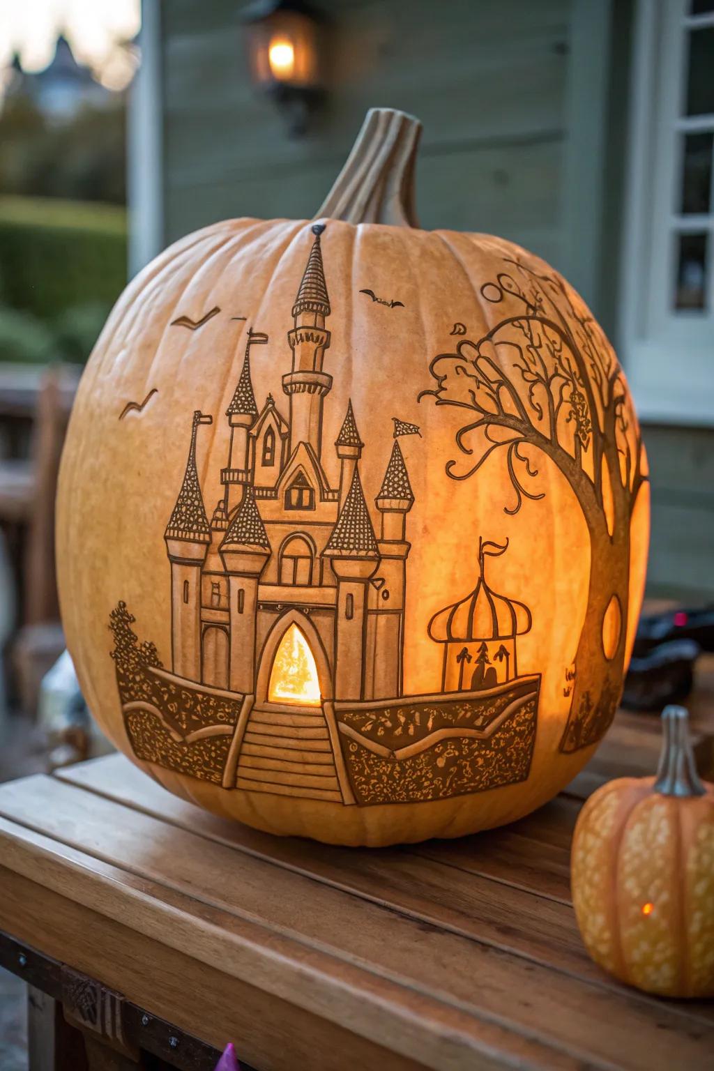 A whimsical fairy tale castle pumpkin, perfect for enchanting autumn celebrations.