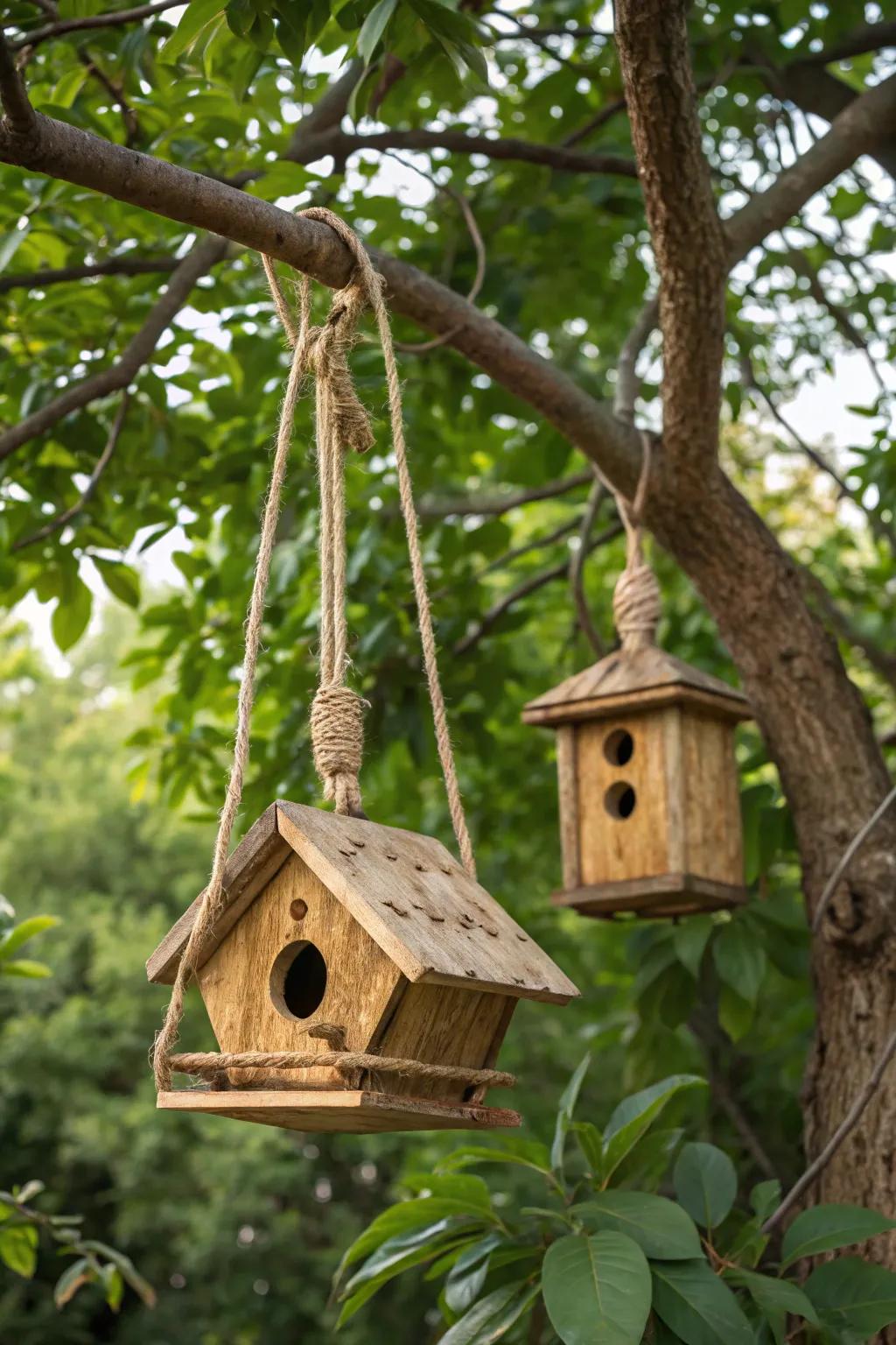 Create a magical garden with birdhouses hanging from tree branches.