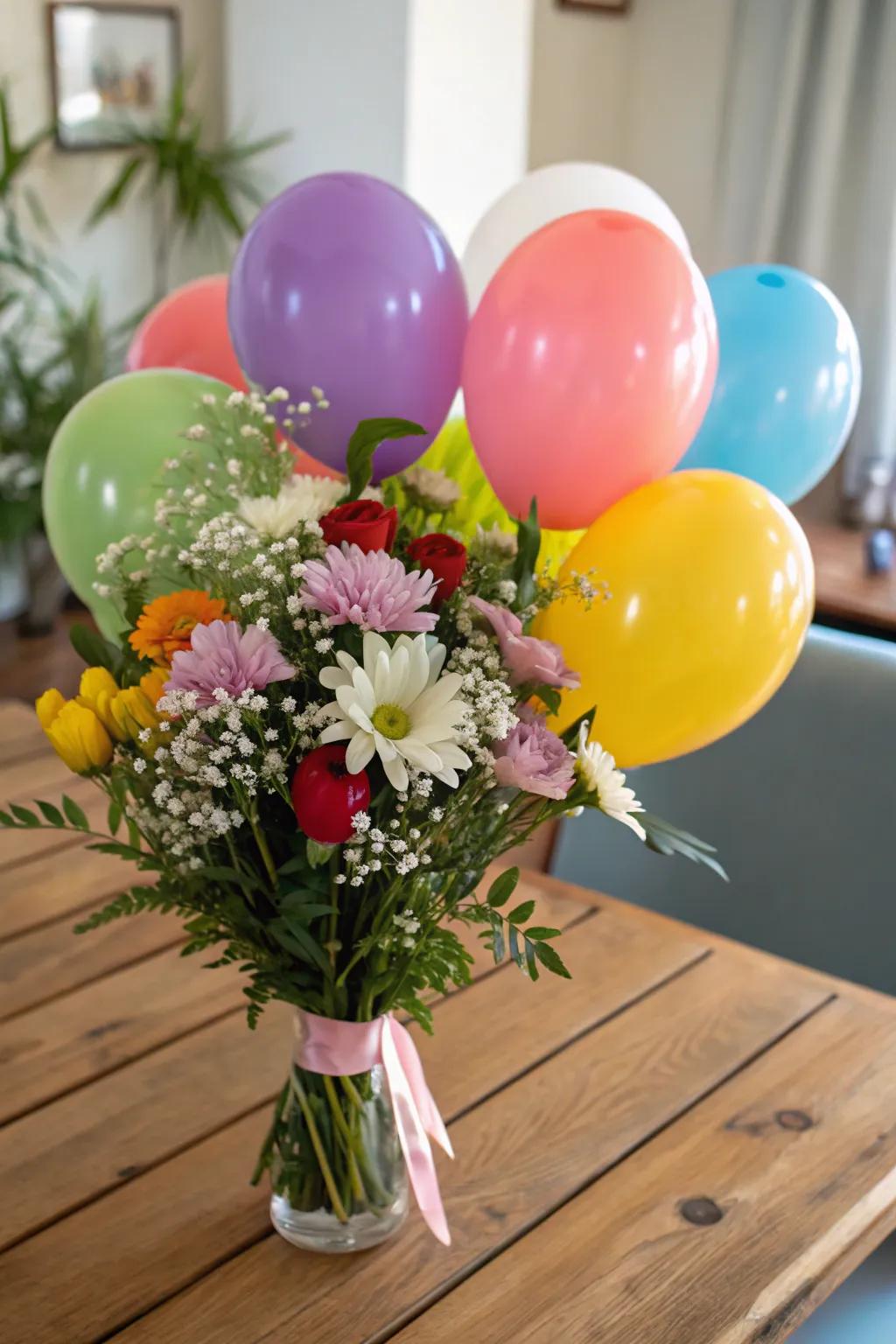 A beautiful blend of balloons and fresh flowers creating a charming centerpiece.