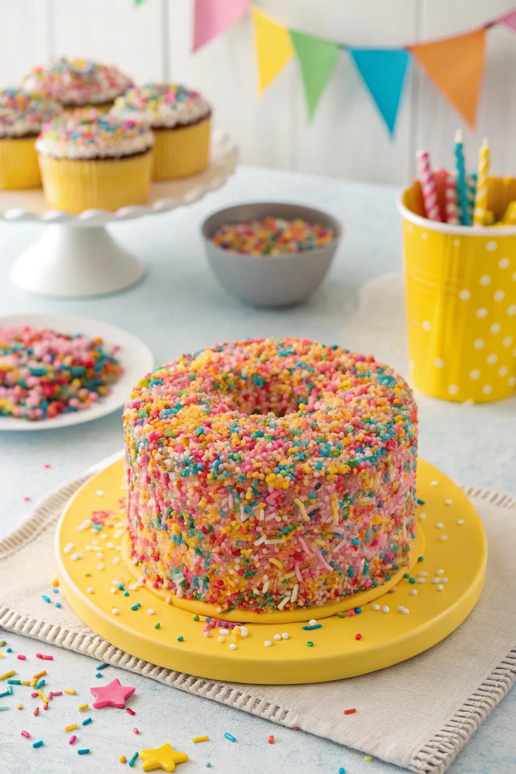 A cake bursting with sprinkles for a playful and festive look.