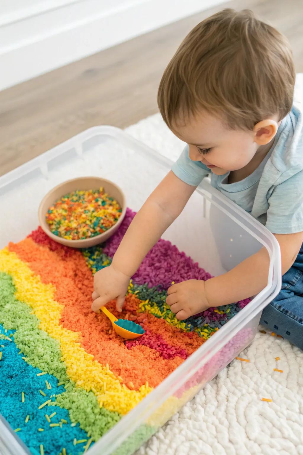 Vibrant rainbow rice inviting toddlers to dive into a sensory adventure.