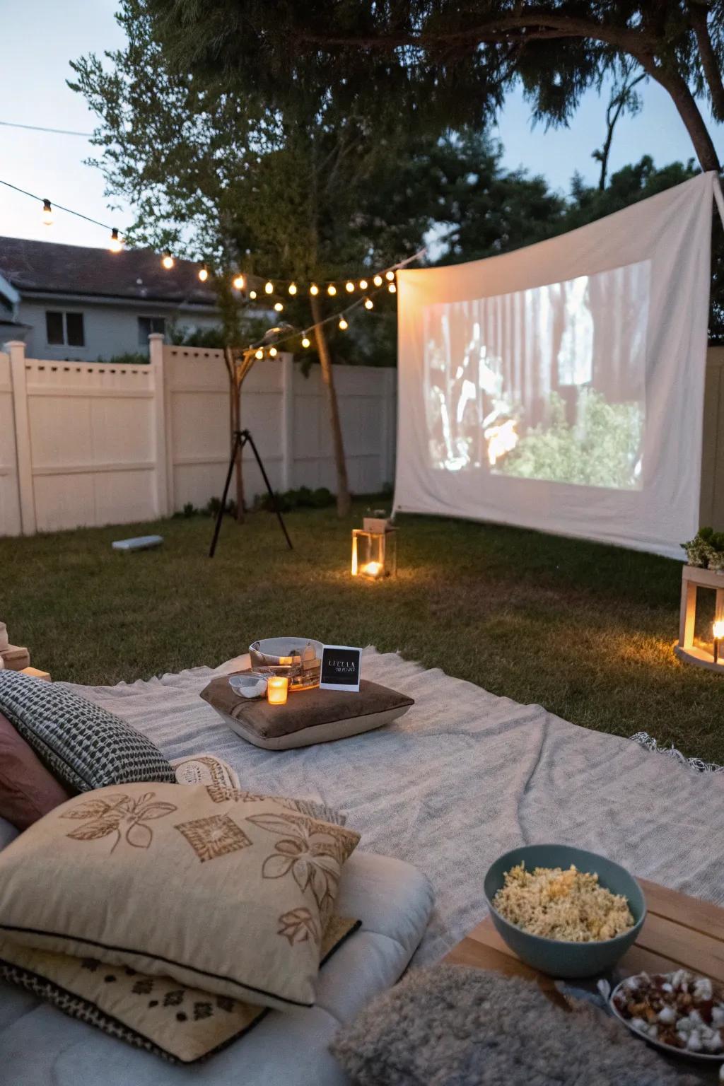 An outdoor movie night setup with a projector and cozy seating.