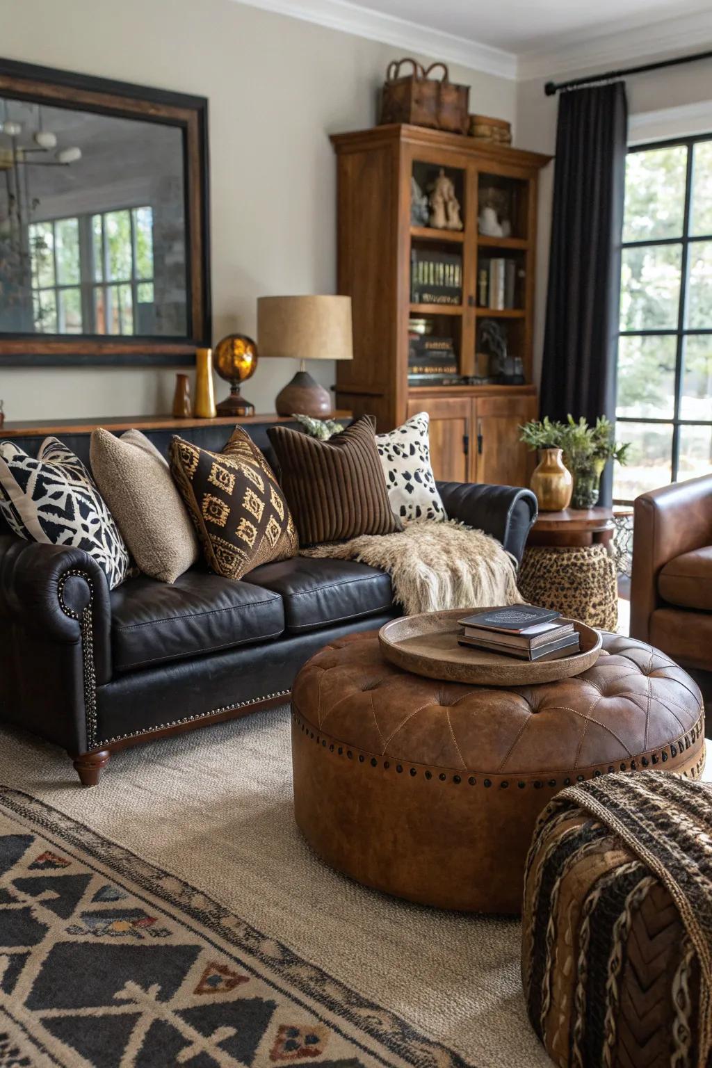 Textures bring dimension to a black and brown palette.