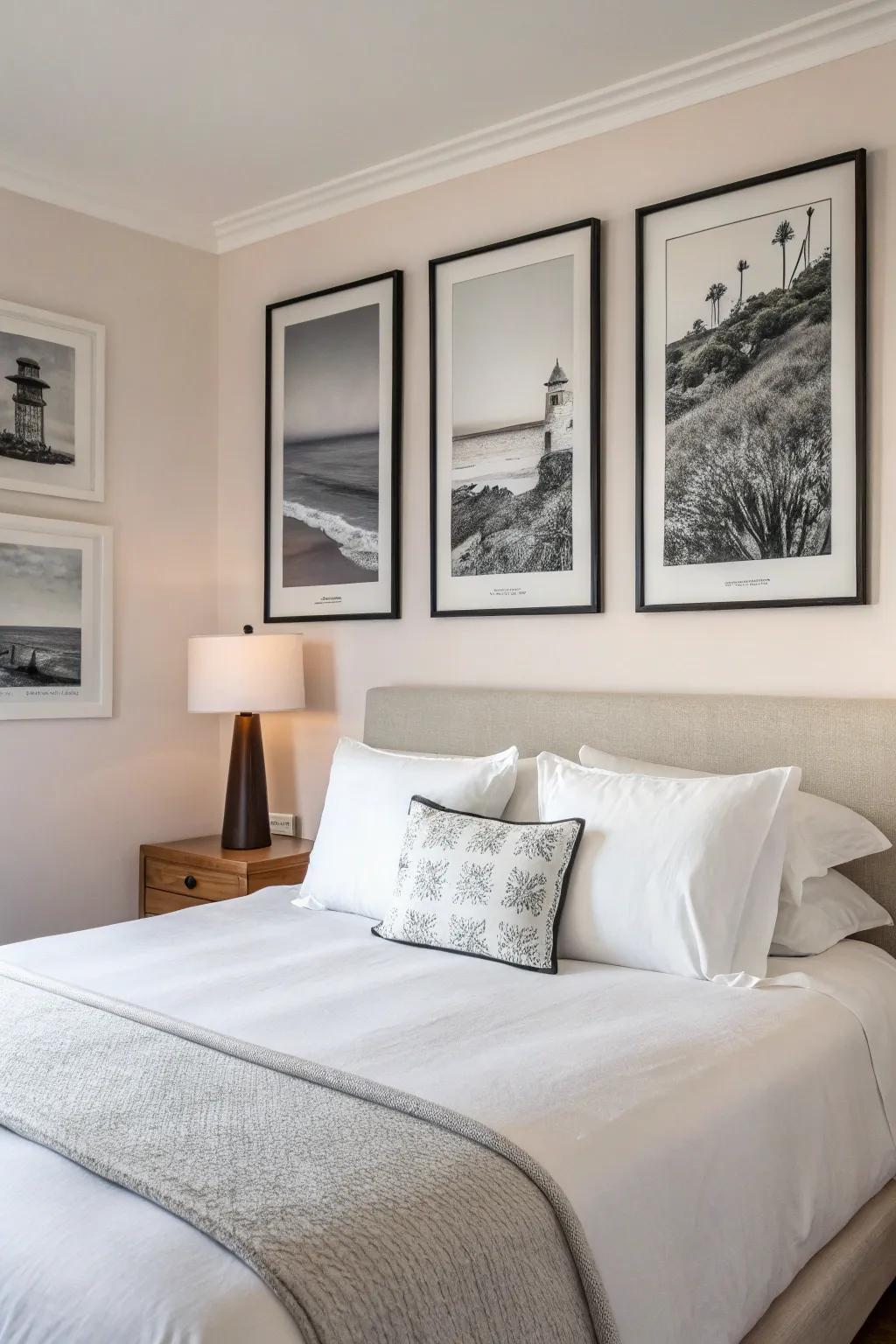 Enhance bedroom elegance with minimalist prints.