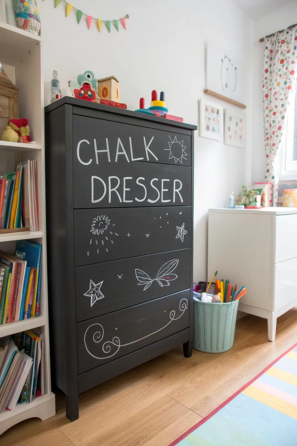 A playful chalkboard dresser that invites creativity in a child's room.