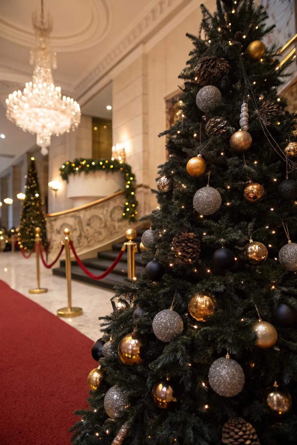 A glamorous black Christmas tree with a mix of metallic ornaments for a dazzling effect.