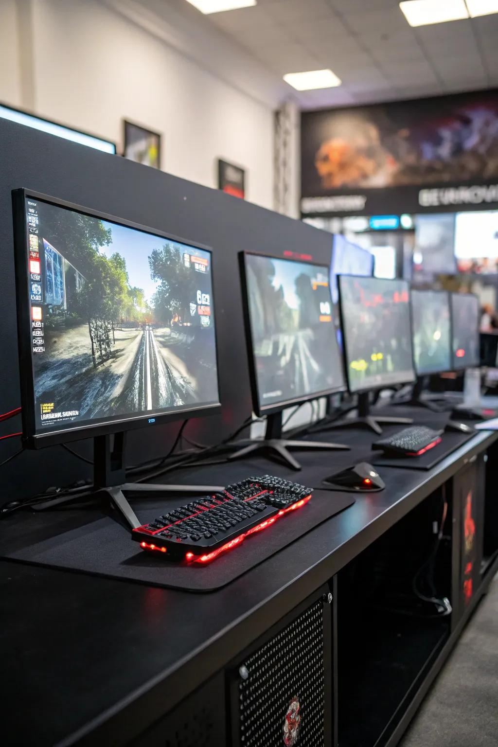 Multiple monitors create an immersive gaming experience with sleek aesthetics.