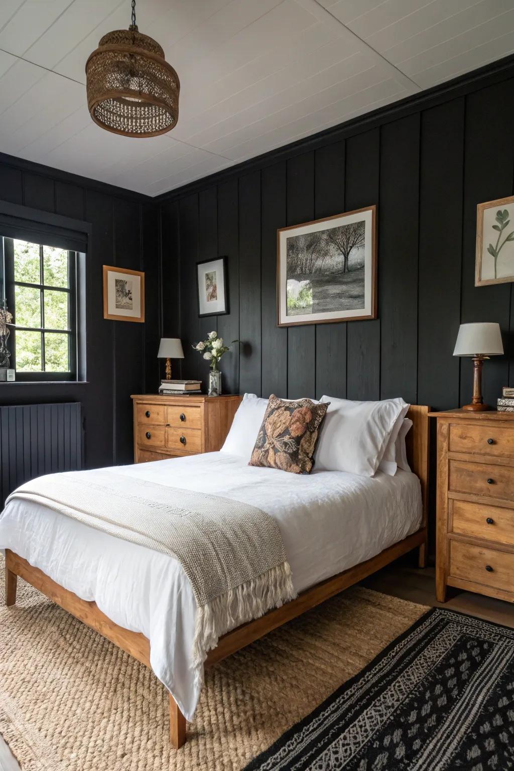 A cozy bedroom with black walls and light, inviting furnishings.