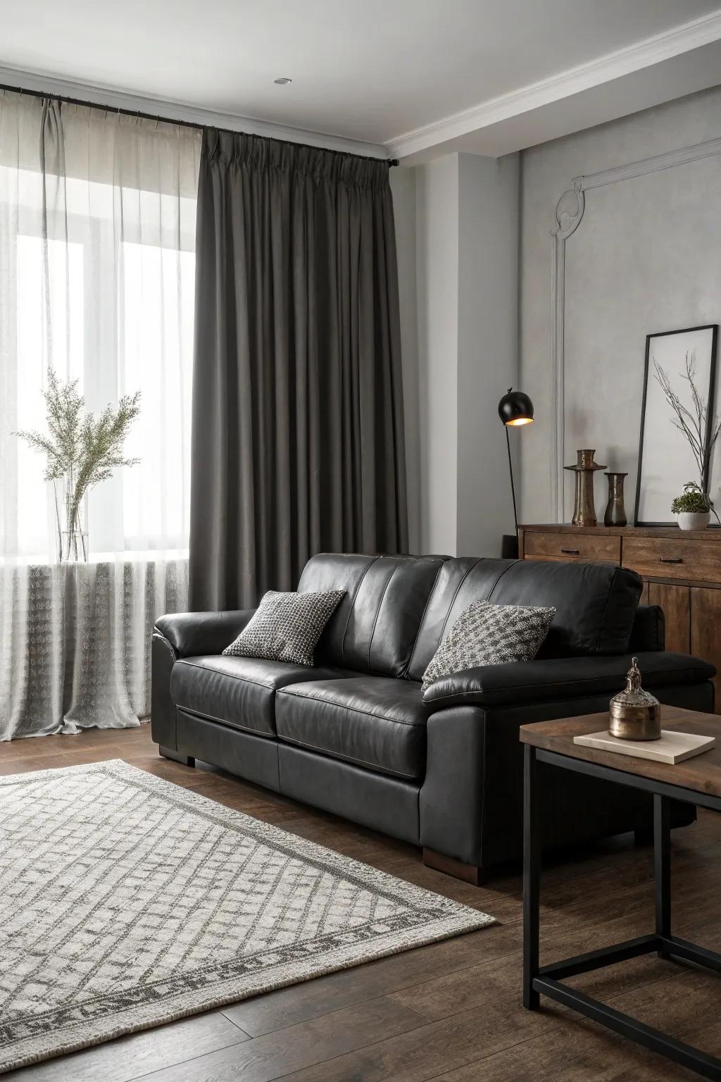 A monochrome palette highlights the black leather sofa as the room's focal point.