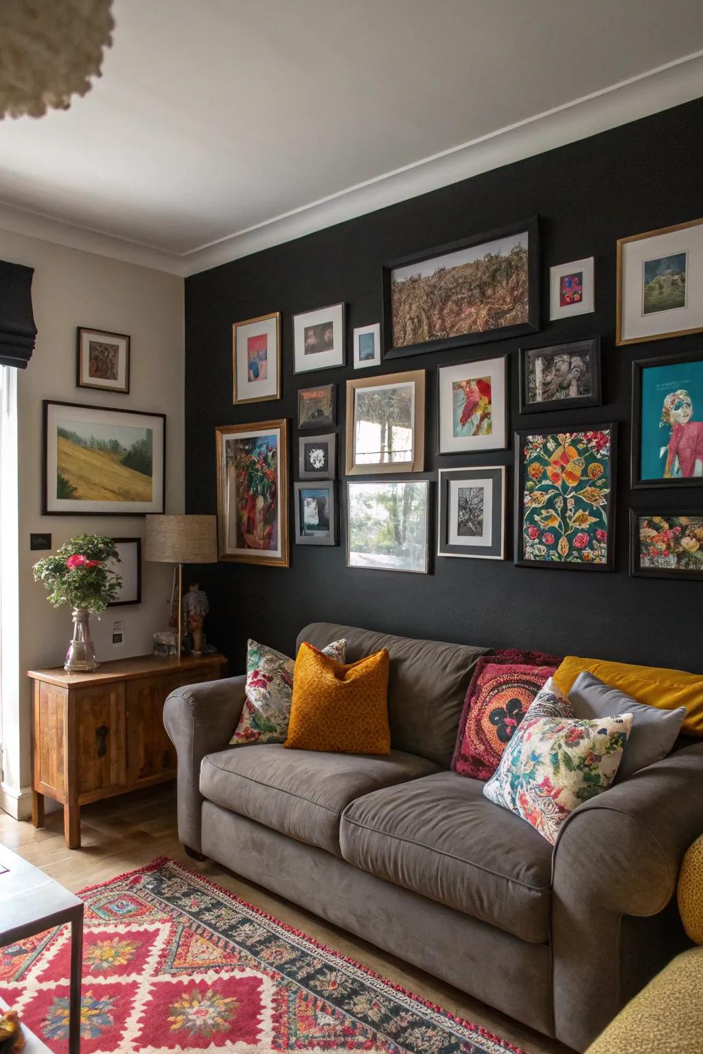 A black gallery wall that turns art into a focal point.