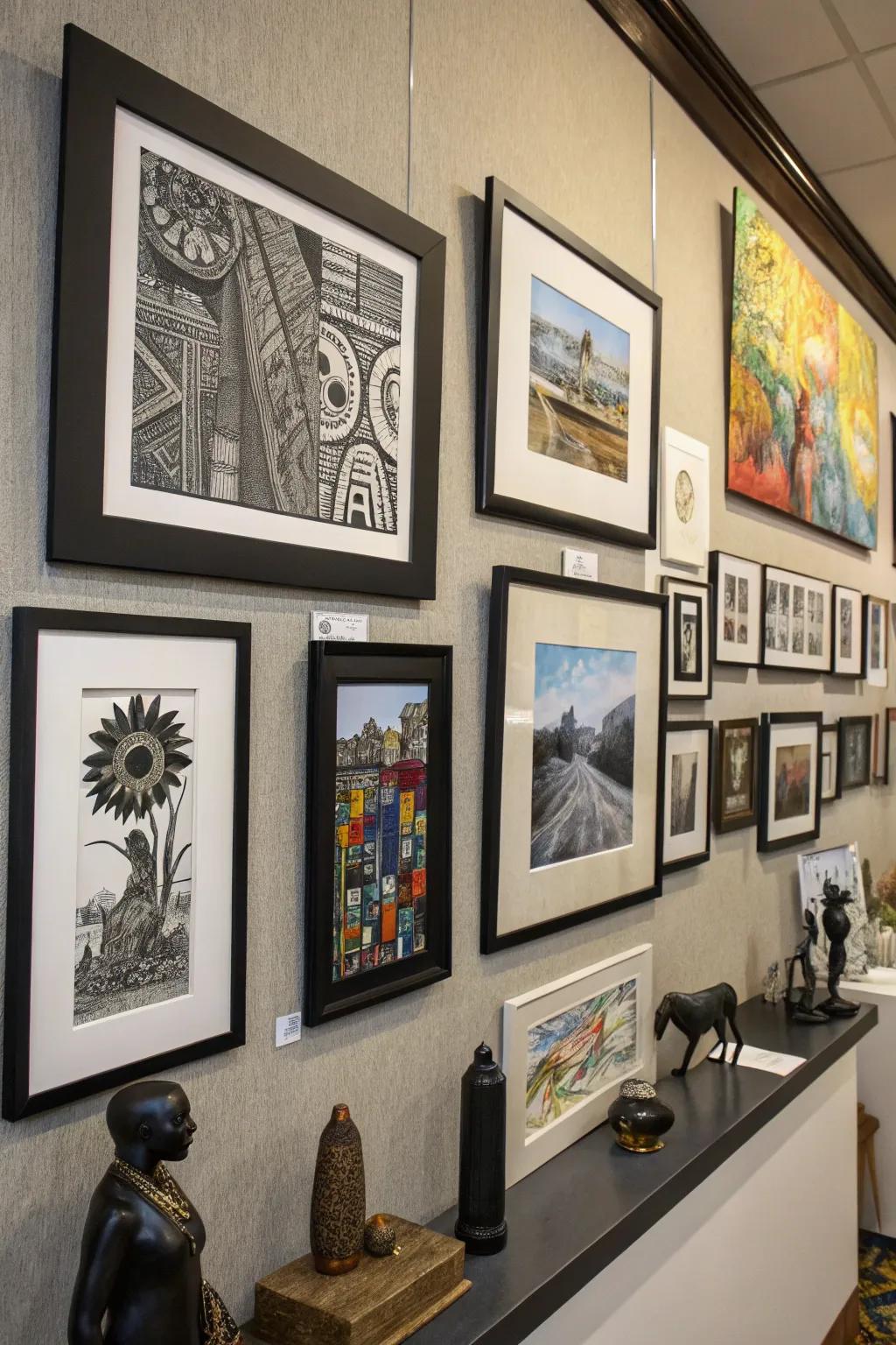 A harmonious display of diverse art styles in black frames.