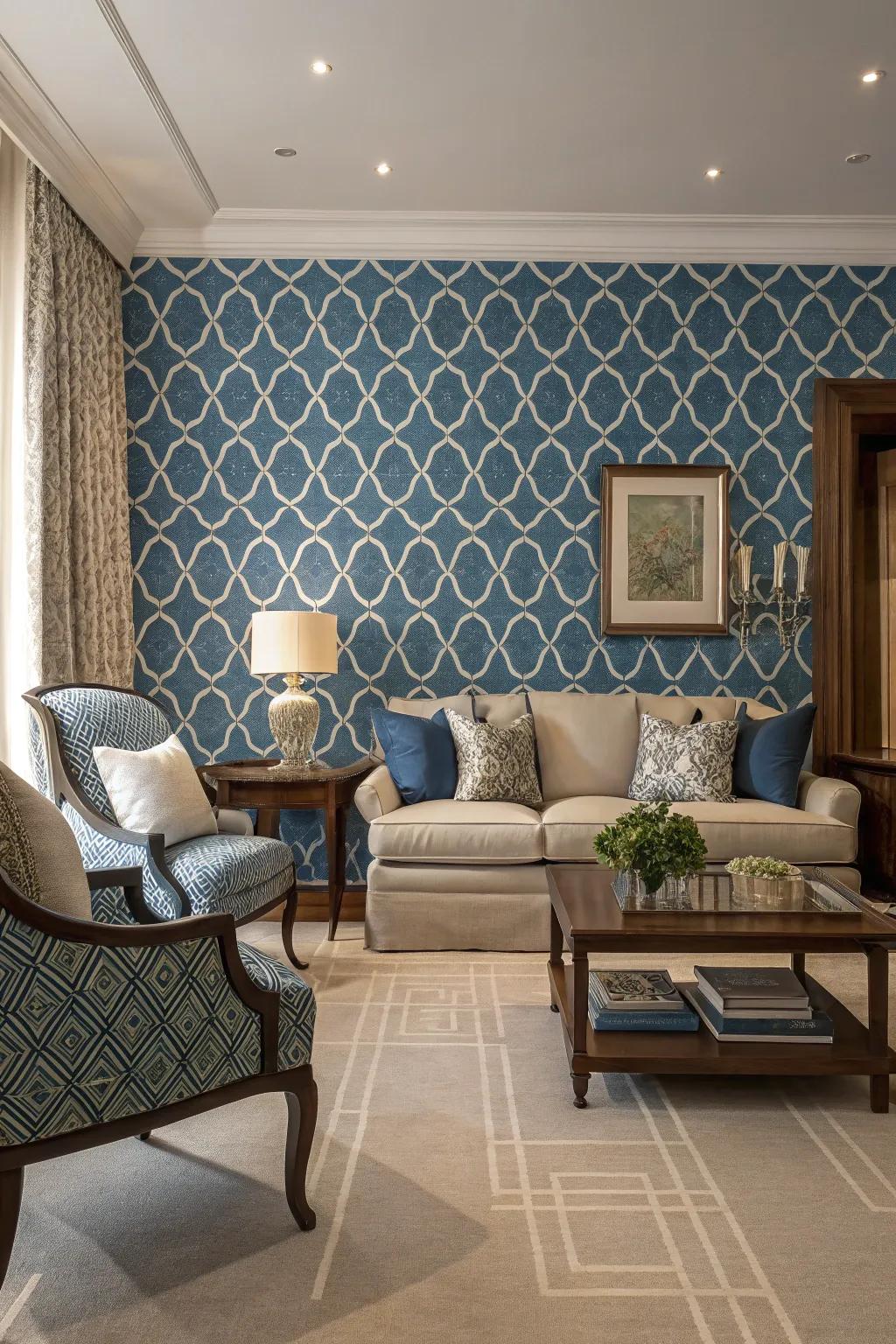 A living room featuring a bold blue patterned accent wall with geometric designs.