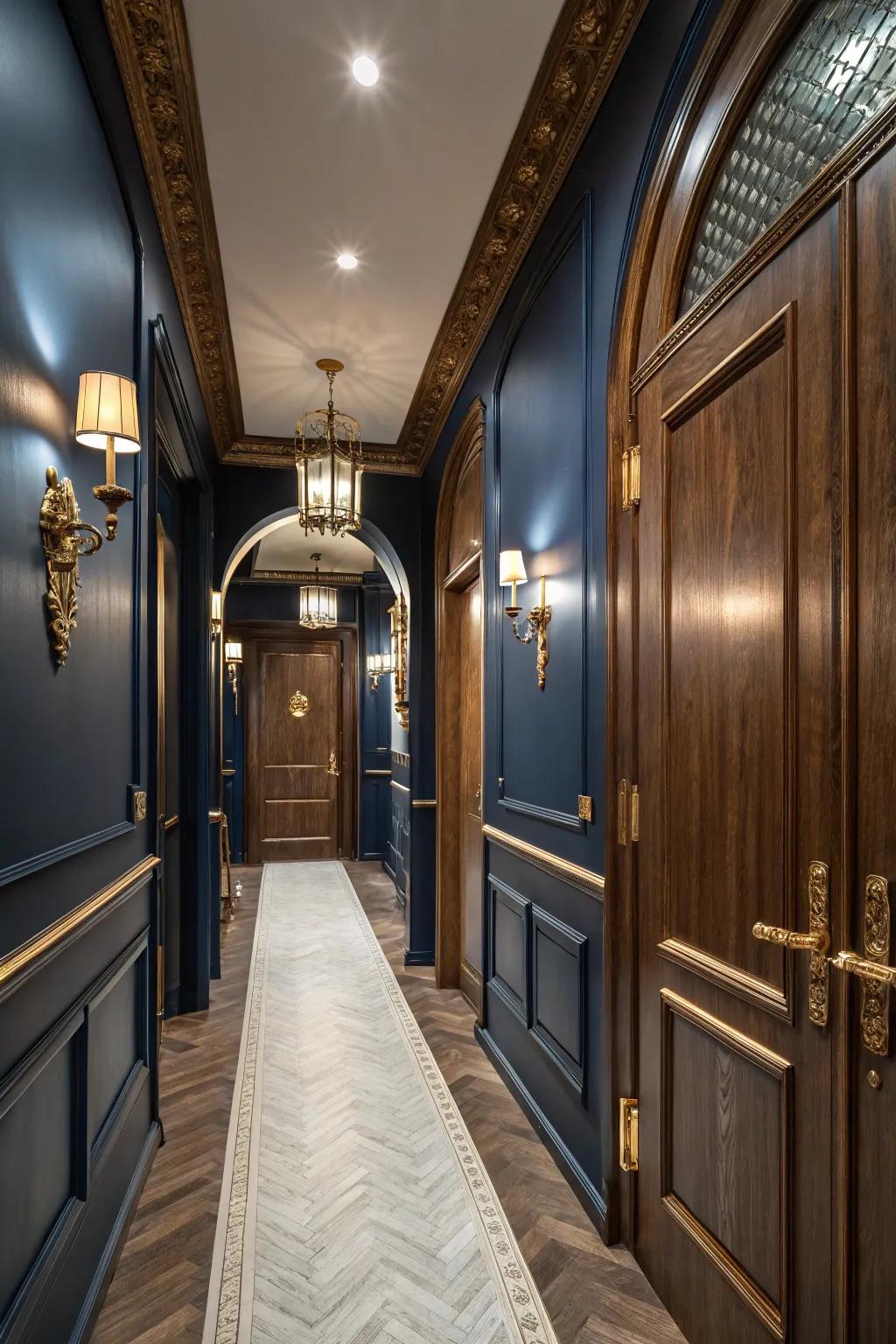 Navy blue walls create a regal and sophisticated atmosphere.