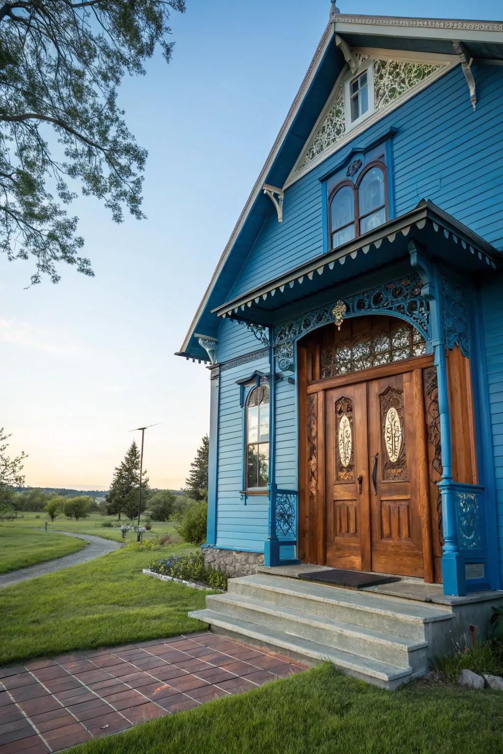 Wooden doors offer warmth to a cool blue exterior.