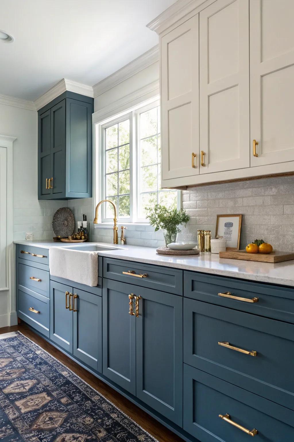 Two-tone blue cabinets with gold hardware add depth and sophistication to the kitchen.