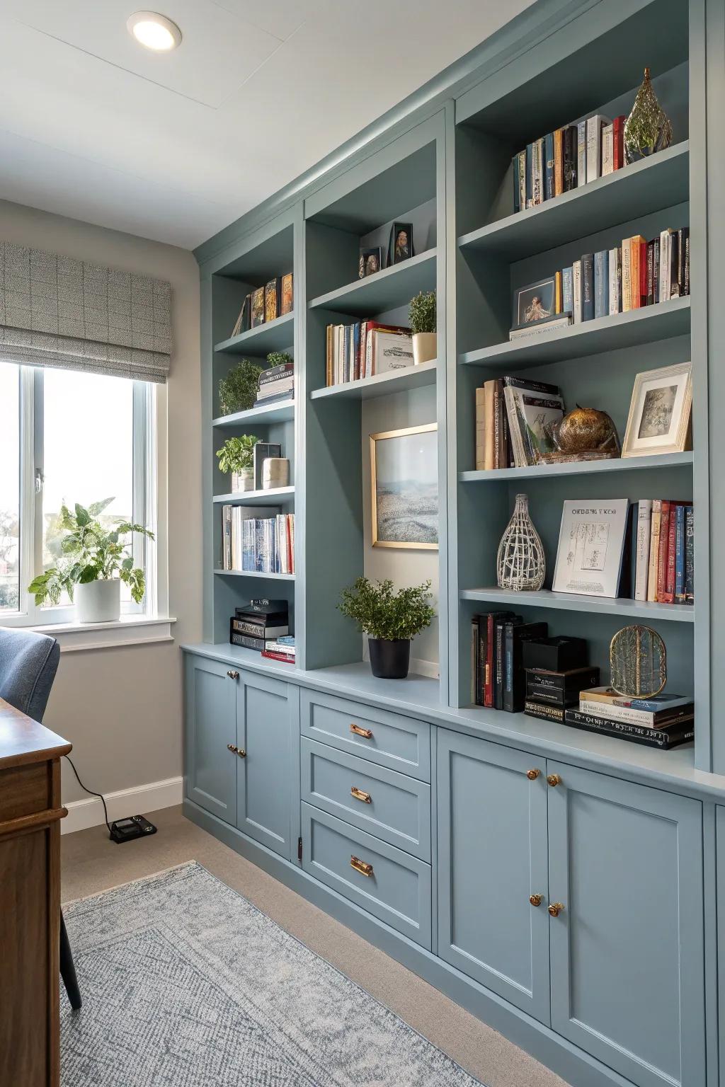 Soft blue shelves offer elegance and organization.