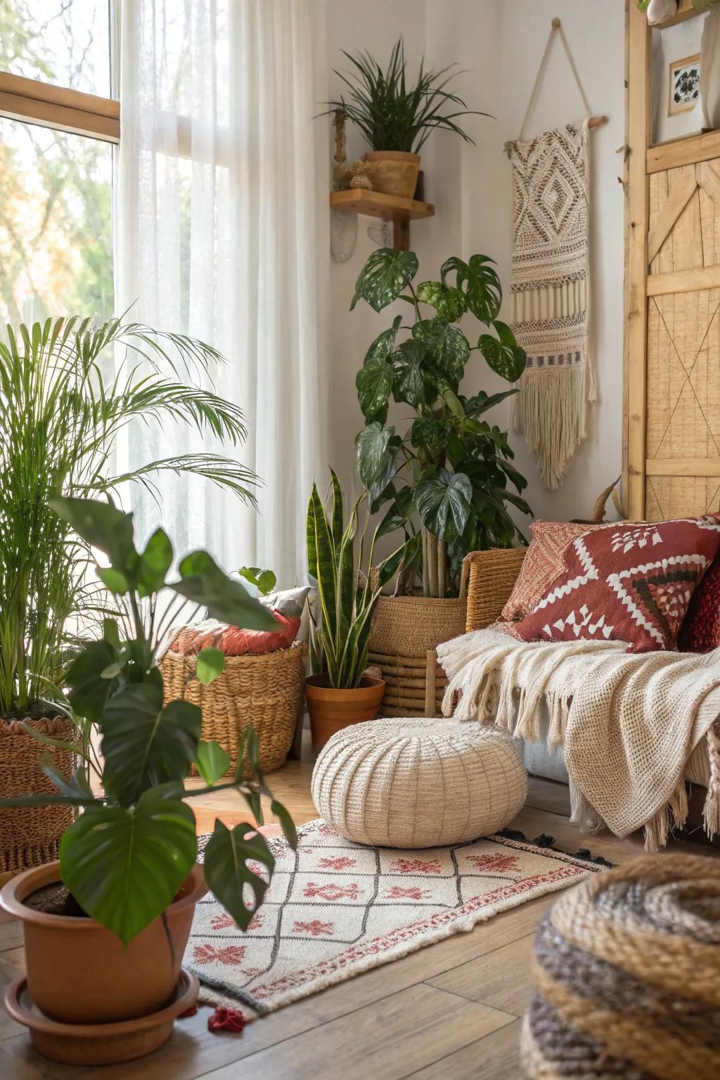 A variety of indoor plants breathe life into a boho space.