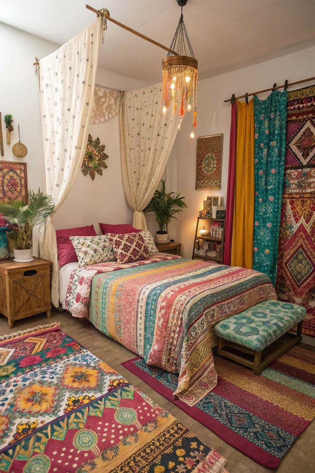 Mixing patterns creates a playful and eclectic boho style.