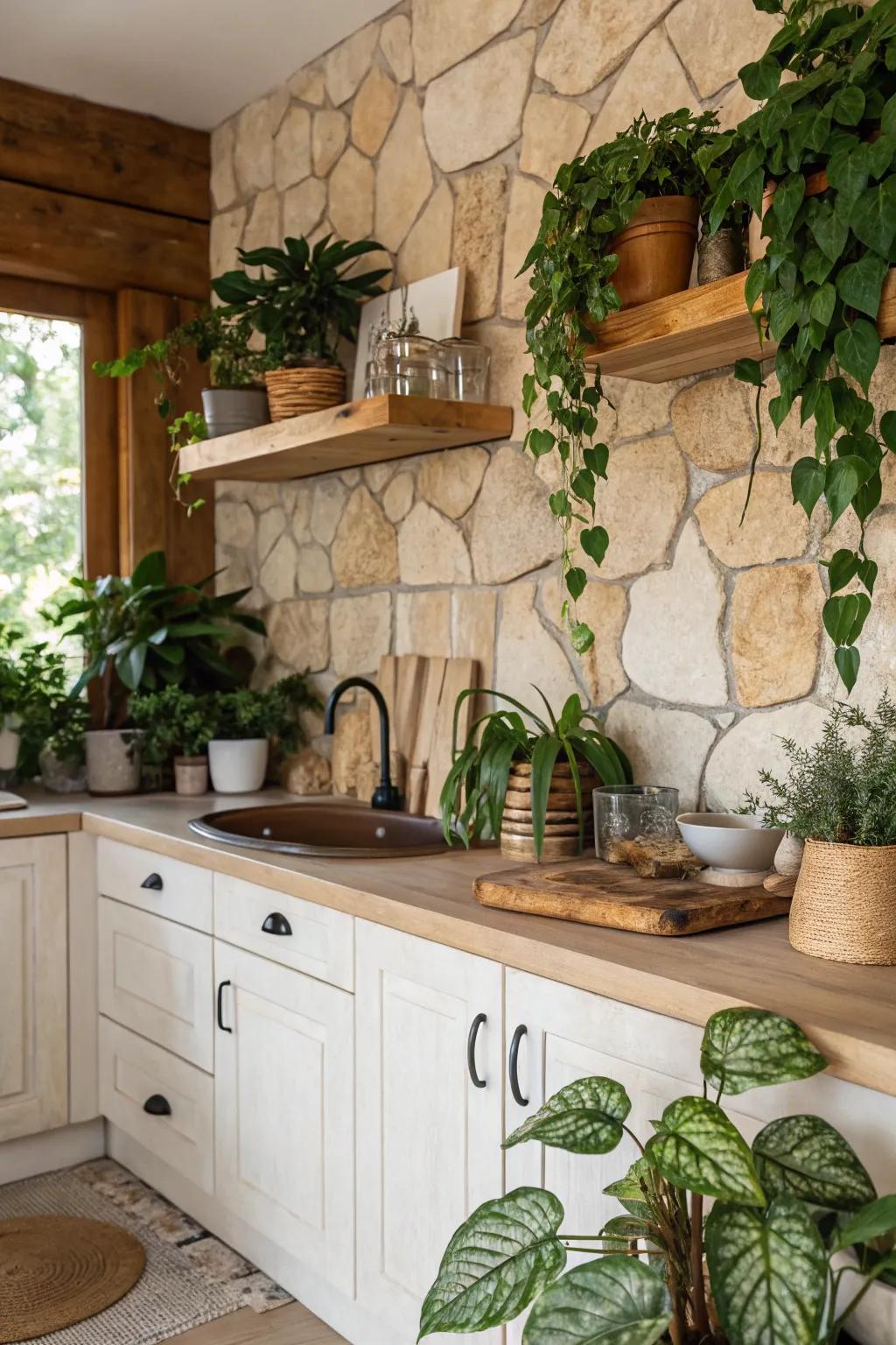 A natural stone backsplash adds earthy charm to this boho kitchen.