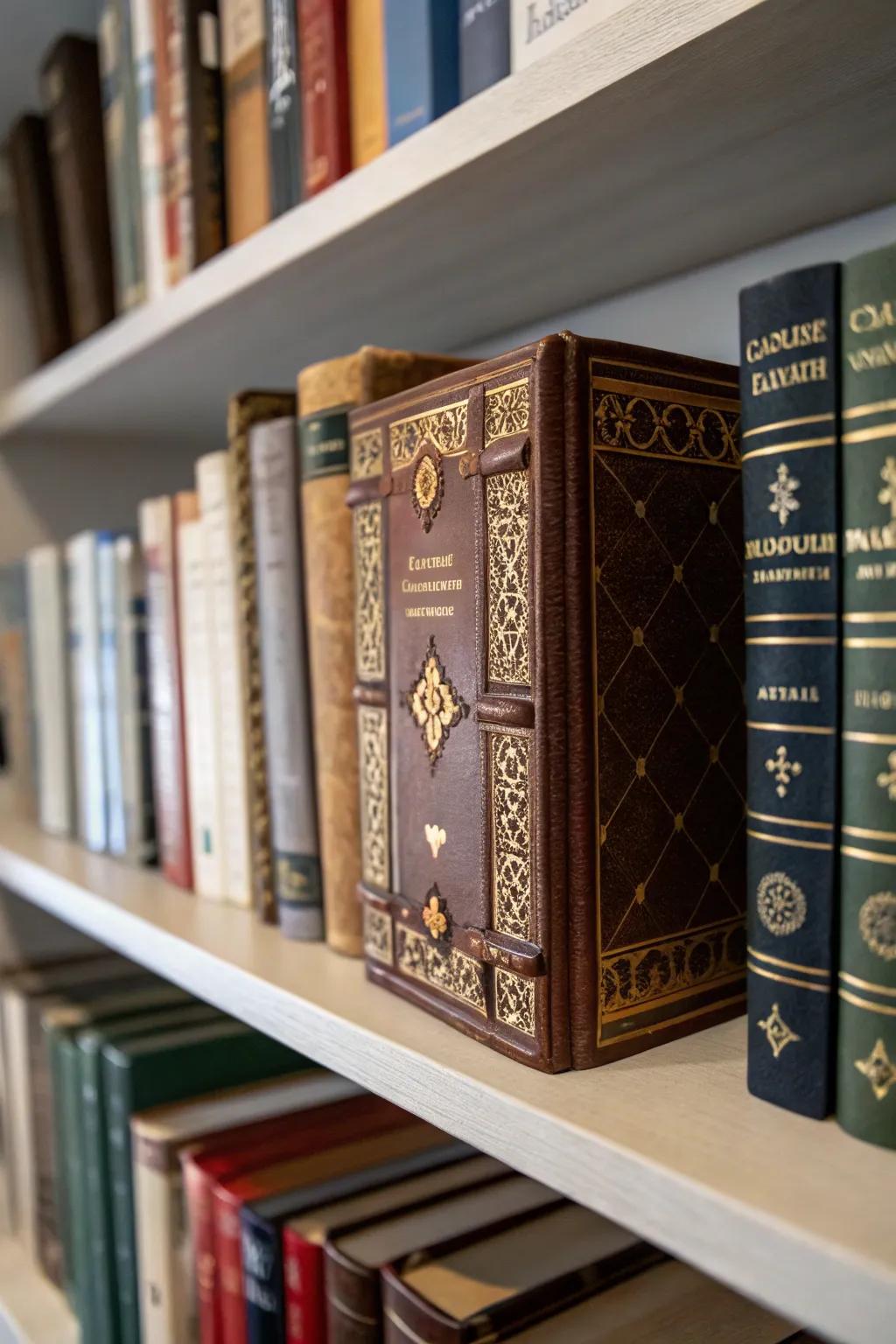 A secret storage book box blends seamlessly with real books.