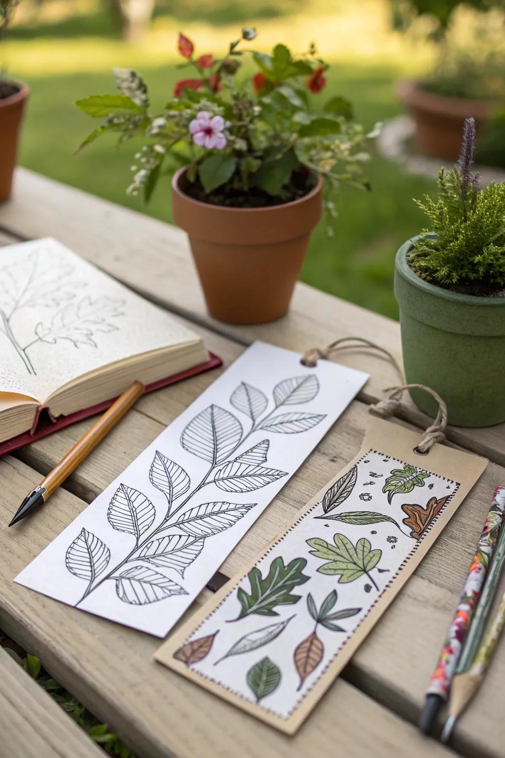 Nature sketches on bookmarks offer a serene connection to the outdoors.