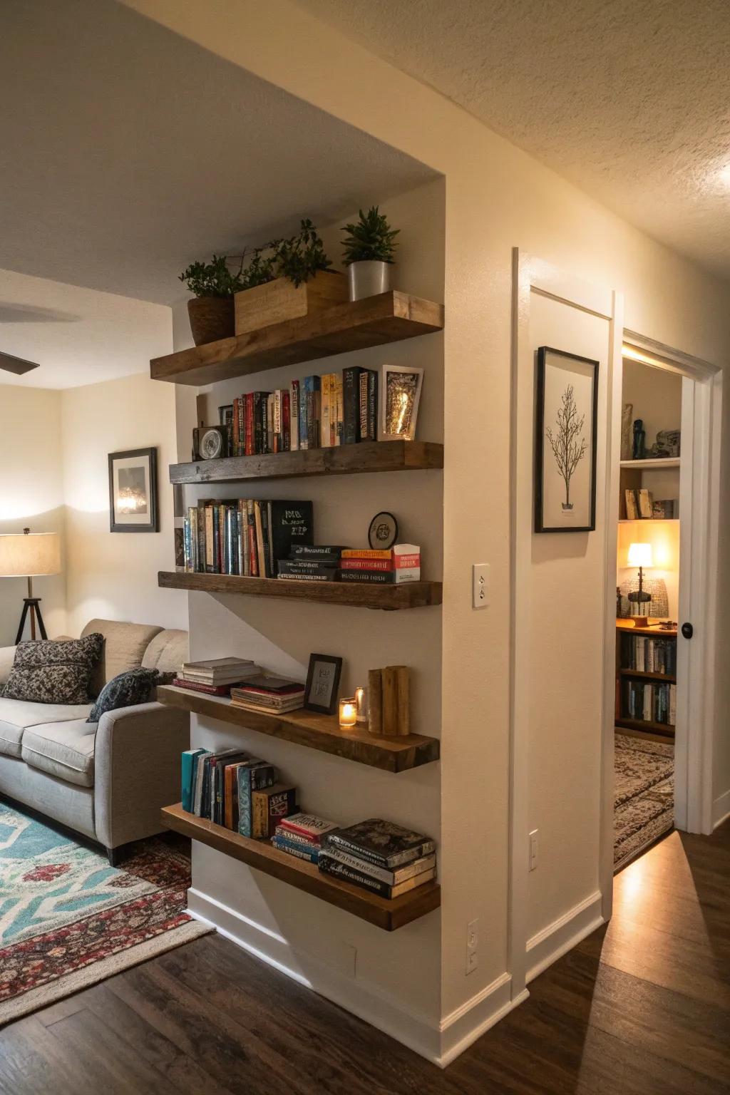 Floating shelves make use of every inch of space.