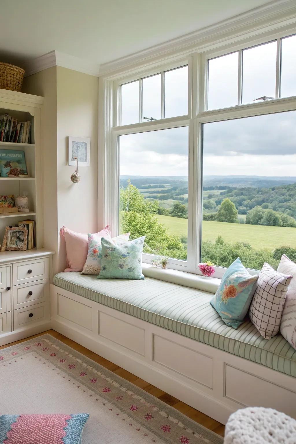 Window seats create cozy spots for relaxation.