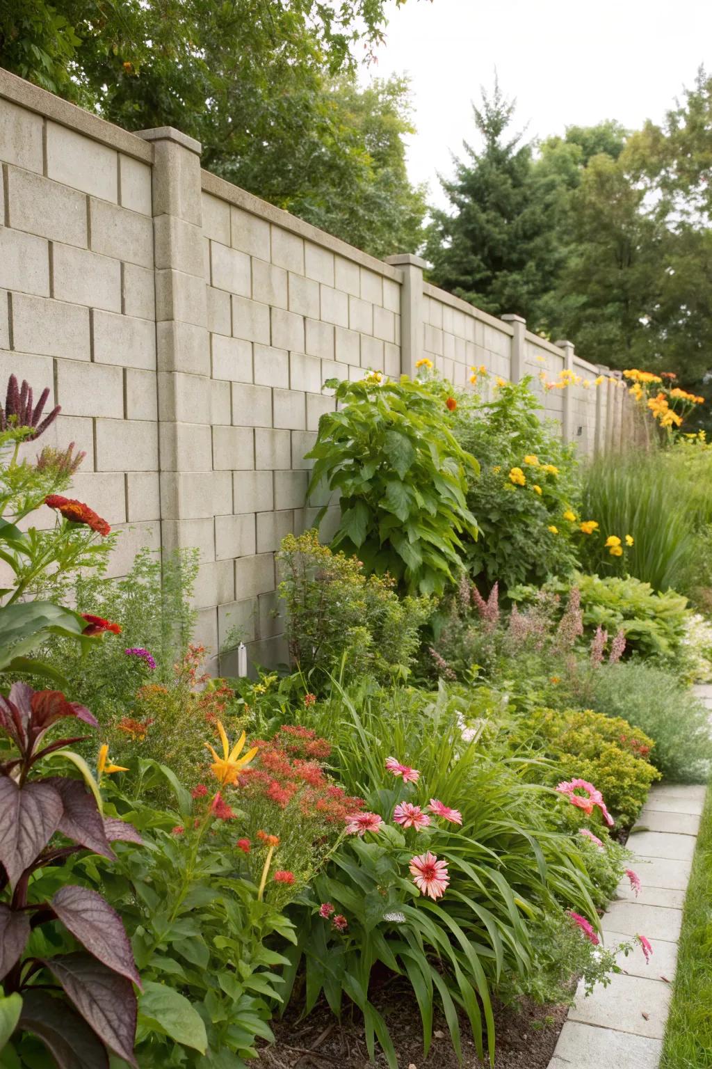 A garden enhanced by a patterned breeze block wall.